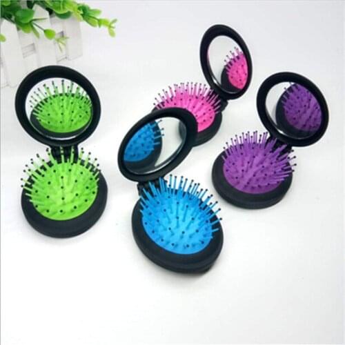 1Pc Girls Portable Mini Folding Massage Comb Airbag Massage Round Travel Hair Brush With Mirror Cute Anti-static Rainbow Comb