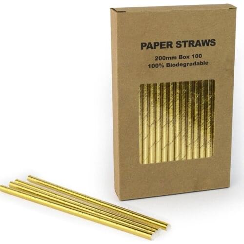 100pcs/Box Plain Gold Foil Paper Straws Bulk,Solid Pure Golden Wedding 1st Birthday Christmas Party Bar Coffee Drinking Straws