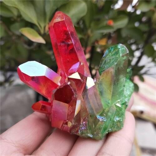 140g New product crystal cluster natural aura angel quartz cluster green and red Titanium cluster healing reiki