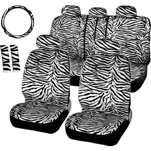 Short Plush White Zebra Seat Covers Set Universal Fit Most Car Seats Steering Wheel Cover Shoulder Pad Car Seat Cover