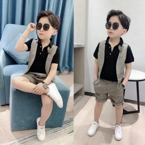 For 2T 3T 4 6 8 10 Years Kids Clothes Boys Set Turn-down Collar Vest T-shirt+Shorts 2Pieces Suit Casual Fashion Baby Boy Outfit