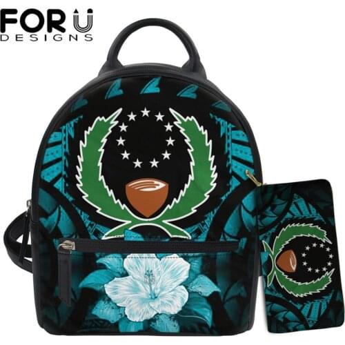 FORUDESIGNS Polynesian Tribe With Pohnpei Printing Fashion Leather Shoulder Bags And Purse 2Set Women Casual Backpack for Girls