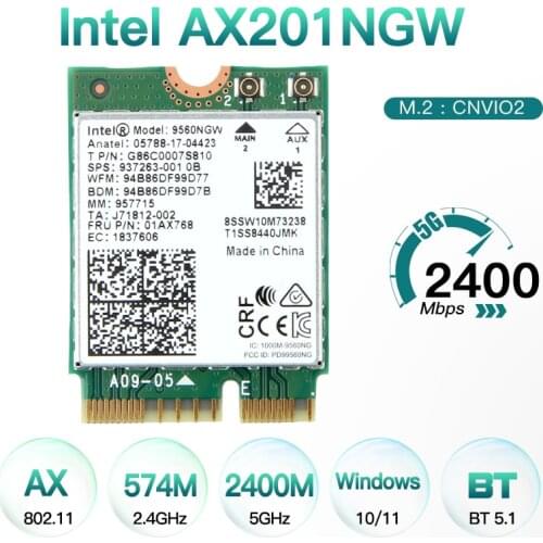 Wi-Fi 6 Intel AX201 Bluetooth 5.0 M.2 Key E CNVIo2 WiFi Card Dual Band 2.4Gbps Wireless Adapter 2.4G/5Ghz 802.11ac/ax Windows 10