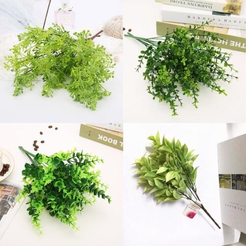 1pc Artificial Flowers with Leaf Green Grass Plastic Plants Fake Leaf Foliage Bush for Home Wedding Decoration Party Supplies