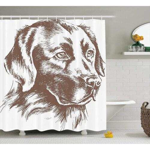 Brown and White Sketchy Shower Curtain Loyal Pet Golden Retriever Dog Best Friend Human Animal Modern Artwork Bathroom Curtain