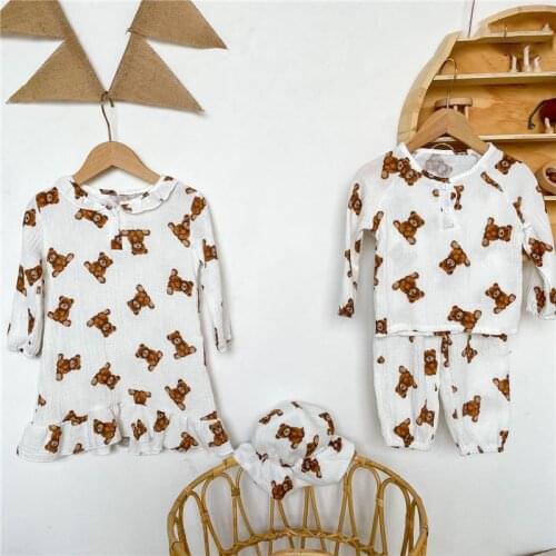 MILANCEL 2021 Autumn New Kids Dress Linen Dress For Girls Bear Print Girls Clothes Borther and Sister Clothing