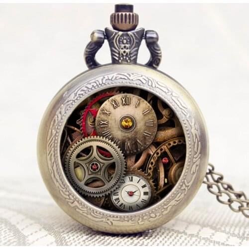 2016 New Arrival Fashion Gear Clock Theme Glass Dome Case Design Pendant Pocket Watch With Necklace Chain