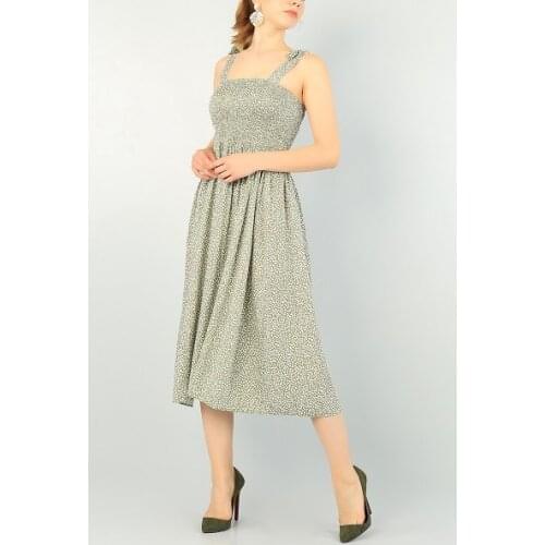 NEW SEASON FASHION SUMMER WOMEN GREEN GİPELİ PİLELİ WOVEN DRESS 70397