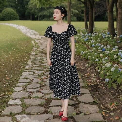 French Floral Black Retro Dress Summer Hepburn Style Fashion Elegant Square Neck Puff Sleeve Embroidered Dresses