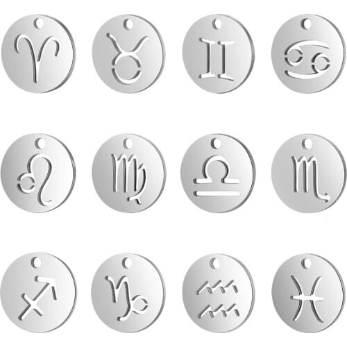 10pcs/Lot Stainless Steel Round 12 Zodiac DIY Constellation Pendant Charms for Necklace Jewerly Making Accessories