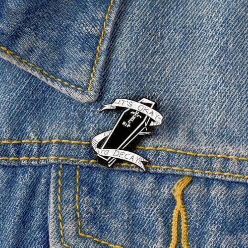 Hot Punk Brooch Creative Enamel Pins Skull Coffin Creative Icons Wrap A White Ribbon "Its okay to decay" Lapel Pin Brooches