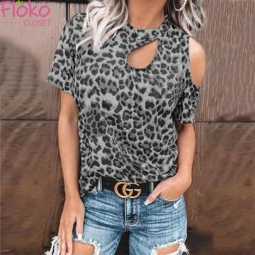 Flokocloset Sexy Off Shoulder Leopard Print Hollow Out Casual Summer Short Sleeve T-shirt Streetwear
