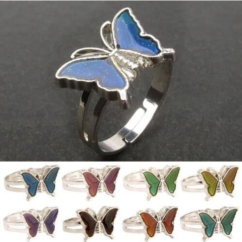 Unique Temperature Control Color Changing Rings Vintage Butterfly Glitter Powder Adjustable Size Rings Fashion Female Jewelry
