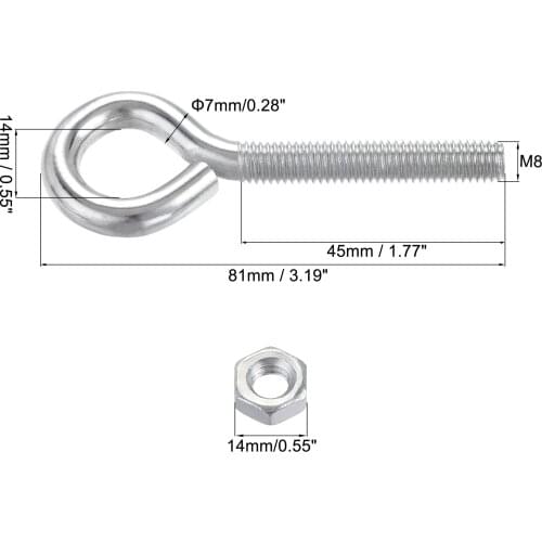 Uxcell M8x50mm Eye Hooks Screws Bolts Kit, 10pcs Carbon Steel Hanger Eyelet Hooks Screw