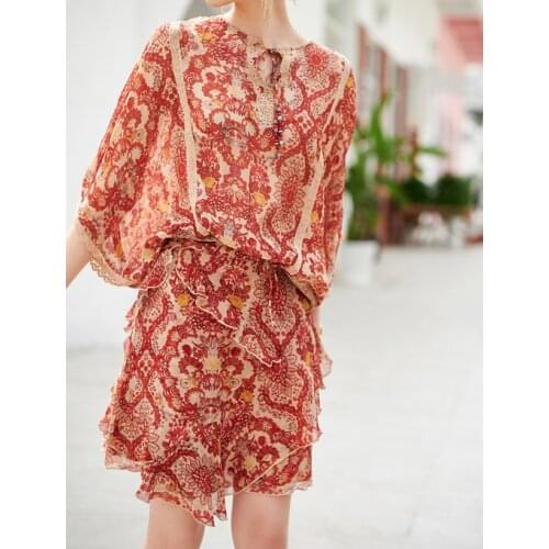 Ladies Bohemian Style Floral Printed Beaded Drawstring Silk Short Mini Skirt