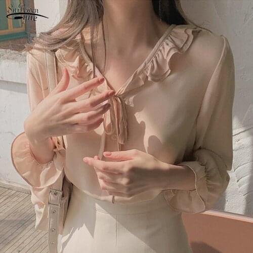 Spring Autumn New Sweet Korean Shirt V-Neck Long Sleeve Elegant Blouse Women Solid Color Casual Fashion Tops Blusas Mujer 14041