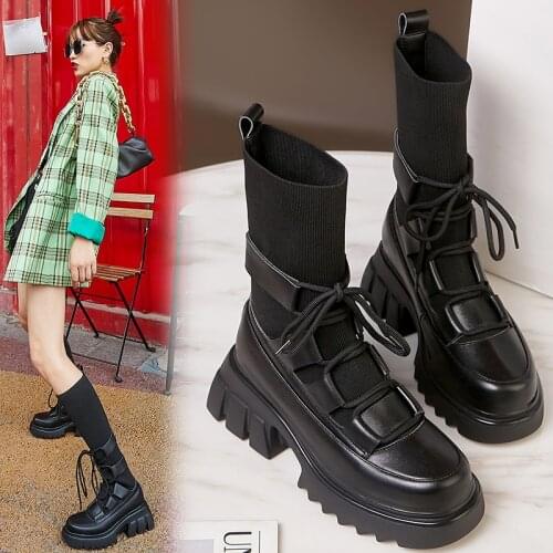 Women Shoes Genuine Leather Women Boots Winter Slip-On Sock Boots Knitting Ankle Boots for Women Zapatos De Mujer Platform Shoes