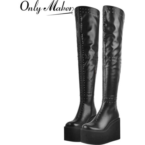 Onlymaker Womens Platform Over The Knee Boots Round Toe Matte Black Rivet Wedges High Heel Boots Zipper Fashion Big Size
