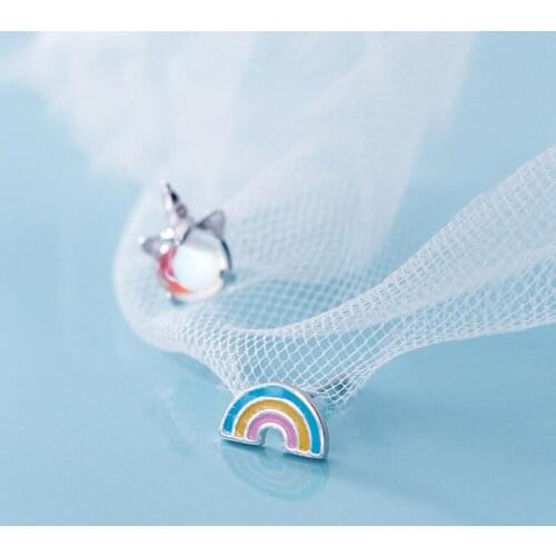 MloveAcc S925 Sterling Silver Female Earrings Korean Small Fresh Cartoon Lovely Asymmetric Rainbow Stud Earrings for Girls