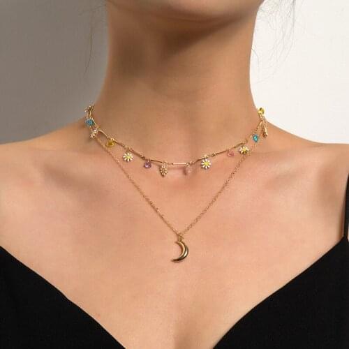 Fashion Creative Colorful Crystal Daisy Flower Moon Pendant Necklace for Women Double Layers Clavicle Necklace Jewelry Gift