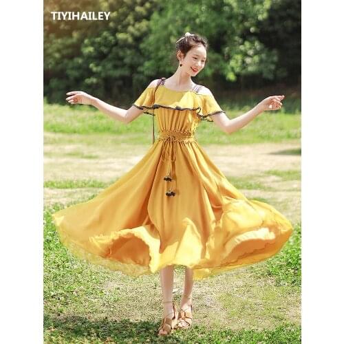 TIYIHAILEY Free Shipping 2020 New Long Mid-calf Summer Women Beach Boshow S-L Ruffles Off Shoulder Yellow Chiffon Strap Dresses