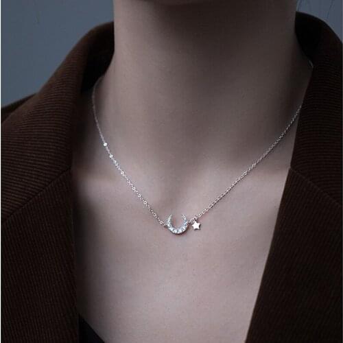925 Sterling Silver Zircon Star Moon Charm Pendant Choker Necklace For Women Fine Jewelry dz824