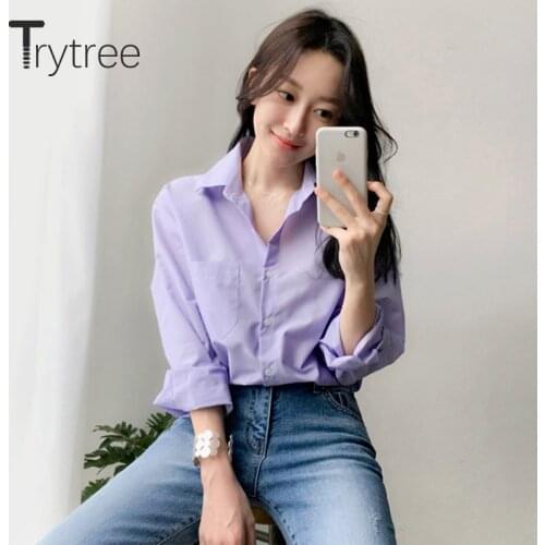 Trytree Autumn Winter Women Blouse Casual Turn-down Collar Single Breasted Pockets Stripe Purple Fashion Office Lady Blouse