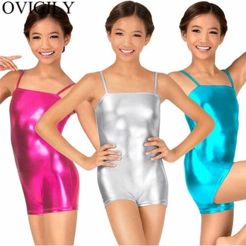 OVIGILY Kids Shiny Metallic Camisole Biketards Sleeveless Shorty Unitards For Girls Gymnastics Lycra Stage Performance Dancewear