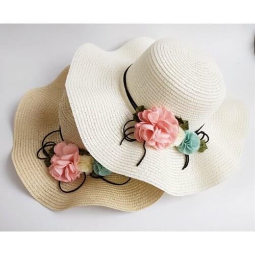 Childrens Fairy sun hat 8 colors Summer Children flower Simple Wavy large brimmed straw hat girls Beach Hats