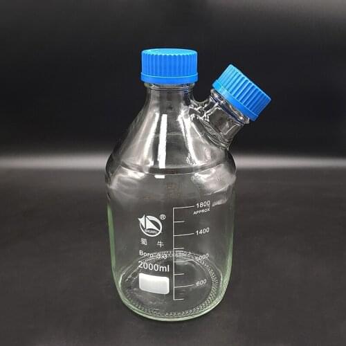 Reagent bottle,With 2 blue screw covers,Borosilicate glass 3.3,Capacity 2000ml,Graduation Sample Vials Plastic Lid with 2 necks
