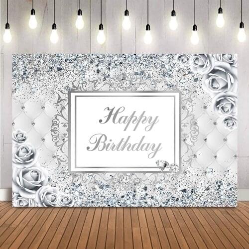 Sliver Glitter Birthday Backdrop Floral Adult Womens 30th 40th 50th 60th Happy Birthday Party Decoration Supplies Photoshoot