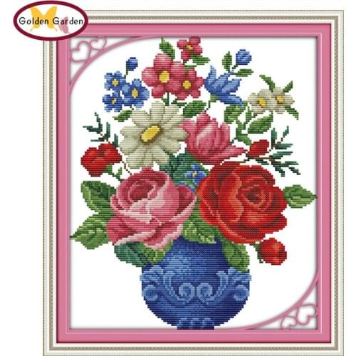 GG Blossom Flowers In Vase Patterns Craft Painting Printed Design Fabric Cross Stitch Embroidery Needlework Sets for Home Decor