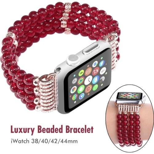 Red Jewelry Bracelet for Apple Watch Band 38mm 40mm 42mm 44mm Straps Women Girls Handmade Elastic iWatch 5 4 3 Beads Strap Bling