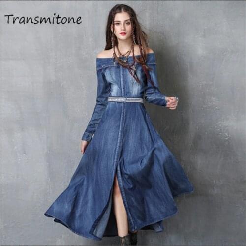 Spring Vestido Women Dress 2019 Vintage Off Shoulder Denim Dresses Slash Neck A-line Single Breasted Embroidery Belt Vestidos