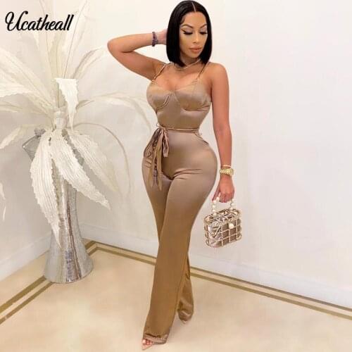 V Neck Celebrity Party Jumpsuit Elegant Satin Outfit Sleeveless Women Sexy Strap Backless Belt Straight Jumpsuit