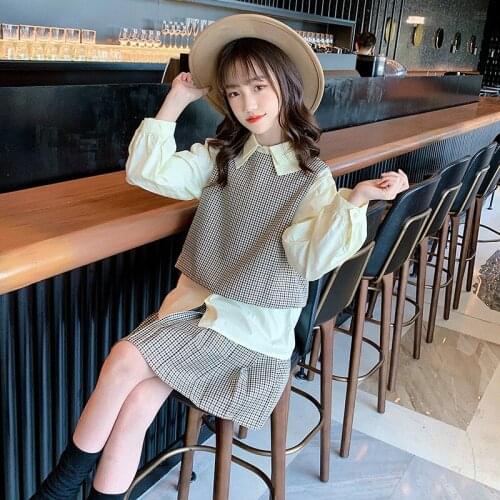 Girls Dress Sets Autumn School Uniform for Children Plaid Clothes Girl Outfits Shirt Vest Skirt Three-piece Suit Kids Clothing