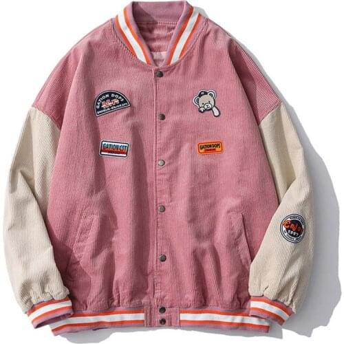 LACIBLE Casual Bear Badge Printed Corduroy Jacket Coat Men Streetwear Harajuku Patchwork Baseball Jacket Unisex Varsity Jackets