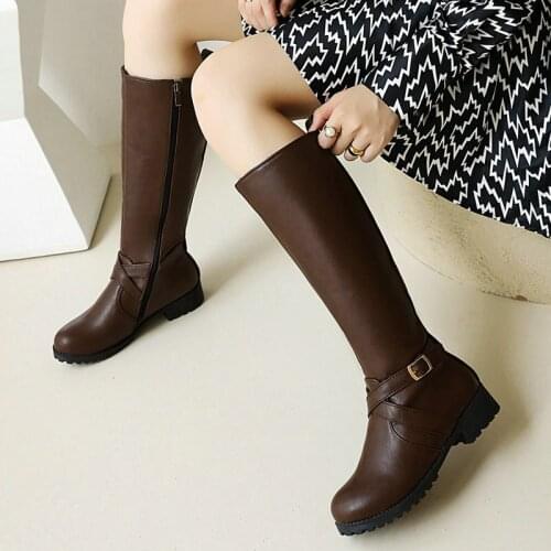 Lady Belt Buckle Knee High Boots Spring Autumn Fashion Zipper Comfortable Low Heel Knight Boots Winter Plush Lining Women Shoes