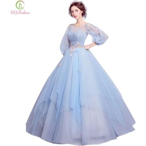 SSYFashion Sweet Light Blue Flower Fairy Princess Prom Dress Transparent Long Sleeves Sequined Party Ball Gown Robe De Soiree
