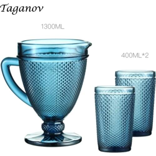 1300 ml Water Kettle Set 350 ml 400 ml Glasses European Creative Red Blue Drinking Cup Cold Tea Juice Jug Household Glass Set
