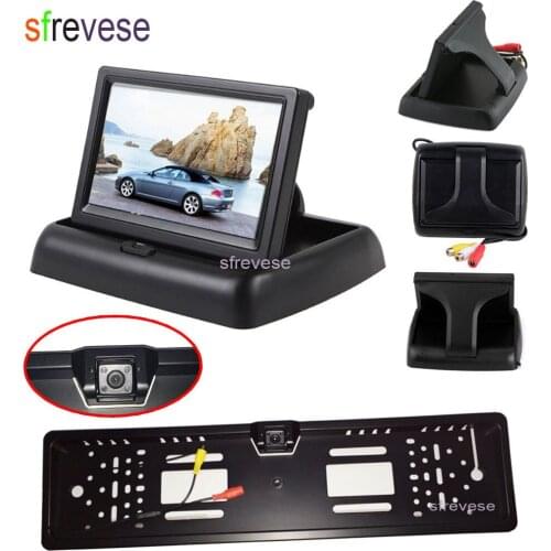4.3" Car LCD Foldable Monitor Rear View Kit + Waterproof EU Car License Plate Frame Reversing Backup Parking 4 LED Camera