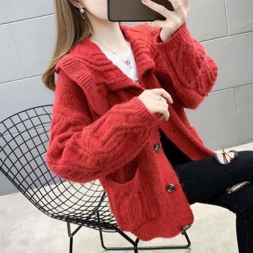 Large lapel sweater womens jacket 2021 new autumn loose twist sweet knitted cardigan long sleeve