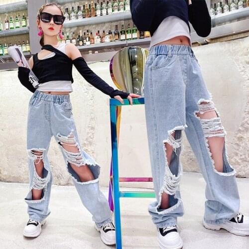 Girls Pants Autumn Teenage Girls Ripped Jeans for Girls Hole Pencil Pants 8 10 12 Y Student Children Casual Jeans Kids Trousers