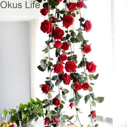6pcs/Set 1.8m/pcs Simulation Roses Rattan Wedding Wall Background Decoration Artificial Flower Hotel Festival Party Wall Decor