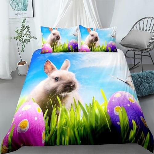 Boho Decor 3D Rabbit Eggs Printed King Bedding Set for Easter 2/3pcs Pillowcase Cartoon Quilt Cover Bed Sets