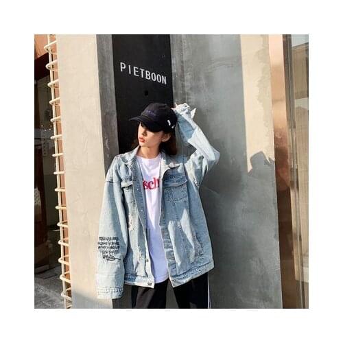 Printed Blue Short Couple Jacket Female Long-sleeved Button Denim Jacket Fashion Casual 2021 Autumn Winter New Female