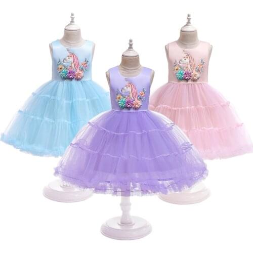 3 Color Cute Cartoon Unicorn Girls Princess Dress Summer Mesh Casual Unicorn Cake Girls Dress Festival Fantasy Baby Girl Dresses