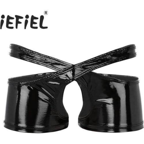 New Arrival Sexy Mens Lingerie Wetlook Faux Leather Low Rise Open Crotch Two Symmetrical Halves Boxer Shorts Sissy Underwear