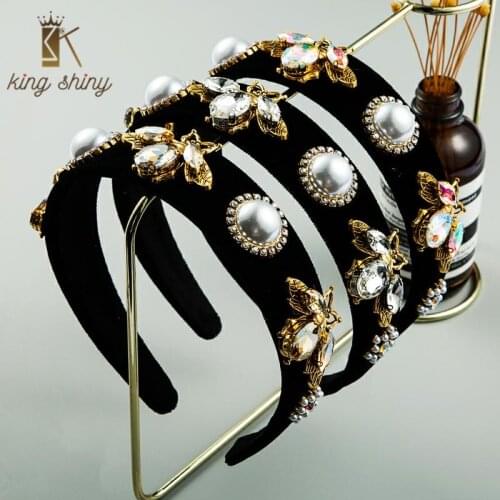 Vintage Baroque Colorful Crystal Bees Velvet Wide Headband Delicate Simulated Pearl Rhinestone Hair Band Woman Party Hair Hoop