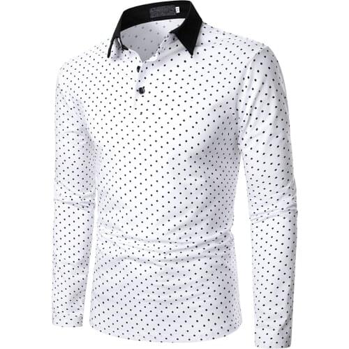 New Spring Autumn Men Polo Long Sleeve Polka Dot Printed Polo Shirts Men Casual Turn Down Collar Blouse Tops Streetwear Teeshirt